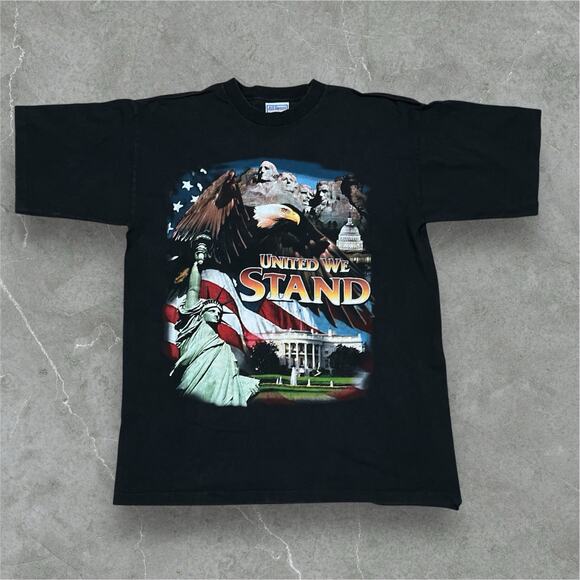Vintage 90s United We Stand T-Shirt Large Black USA Flag Eagle SingleStitch Flaw - Picture 1 of 8